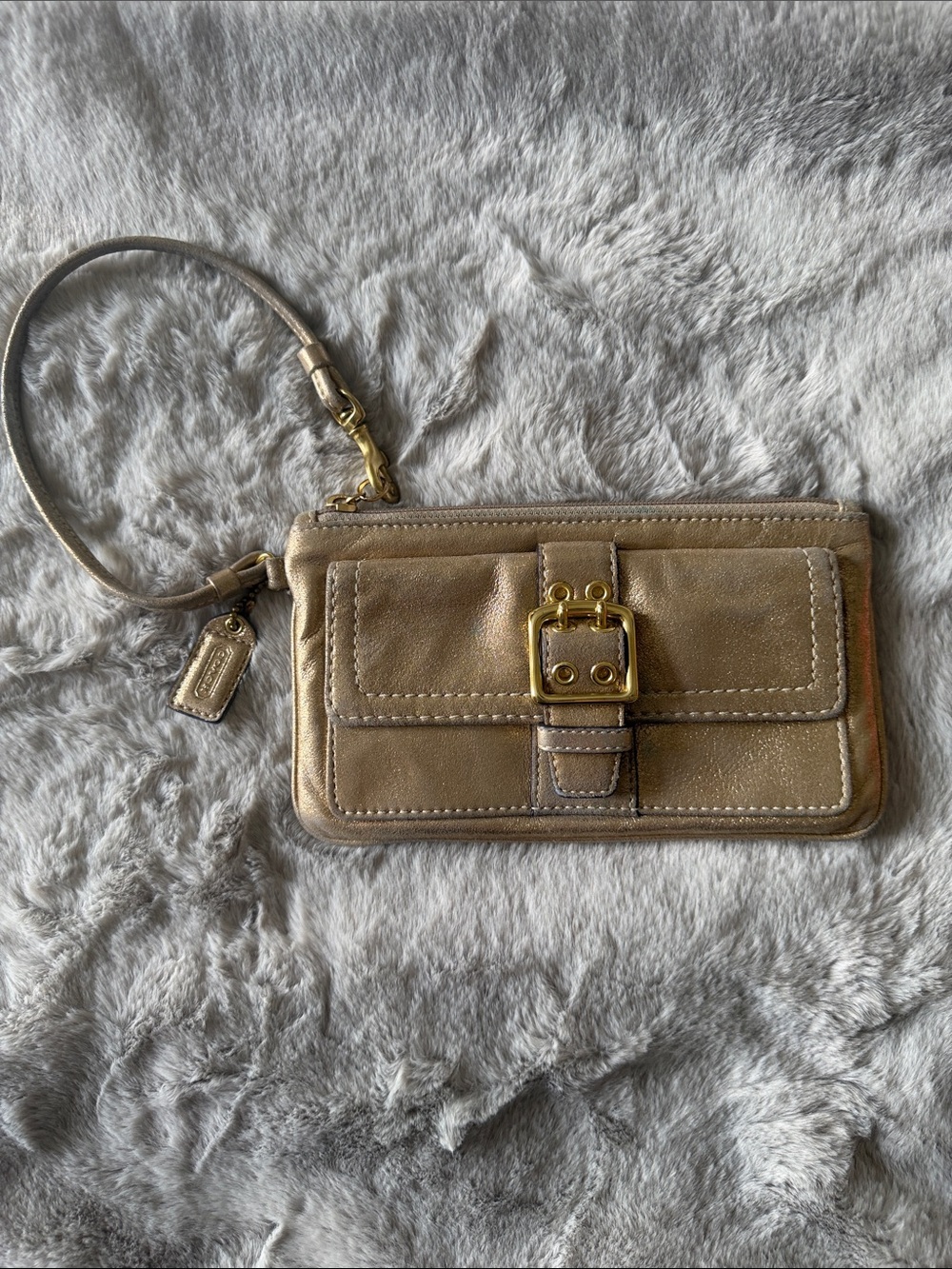 Coach Metallic Champagne Gold Wristlet Clutch with Buckle Detail